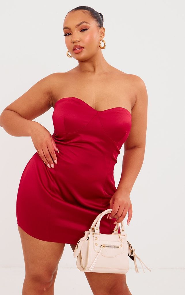 Plus Red Satin Bandeau Cup Detail Mini Dress, Red