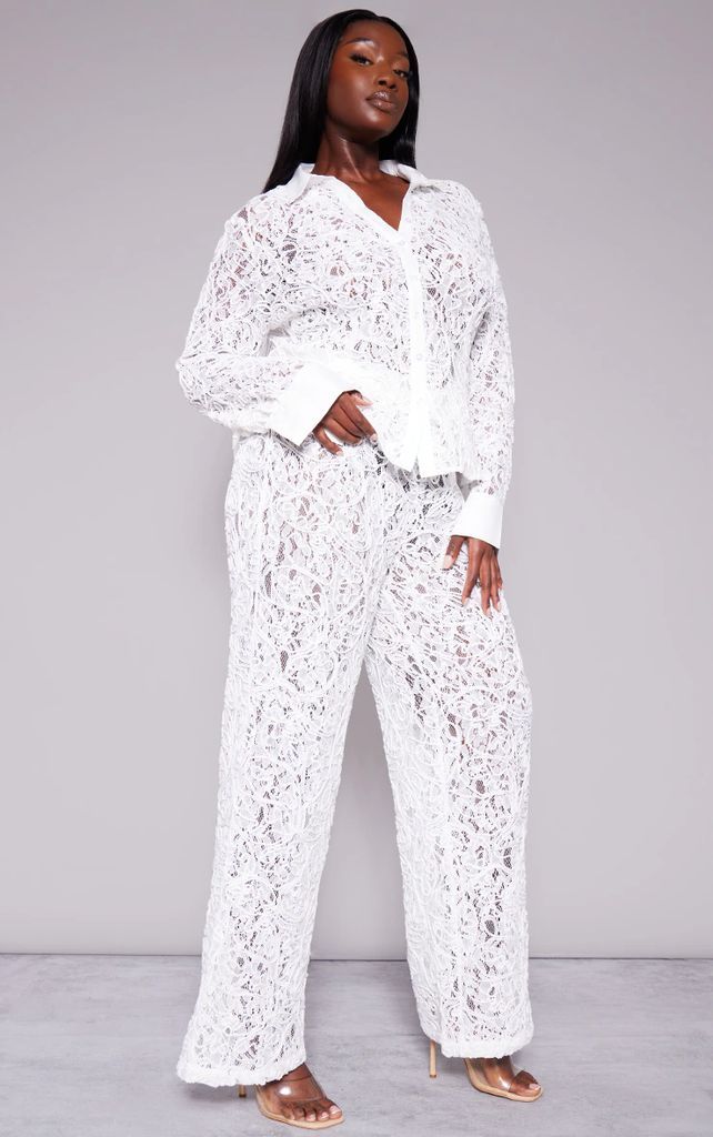 Plus White Premium Woven Jacquard Lace Wide Leg Trousers, White