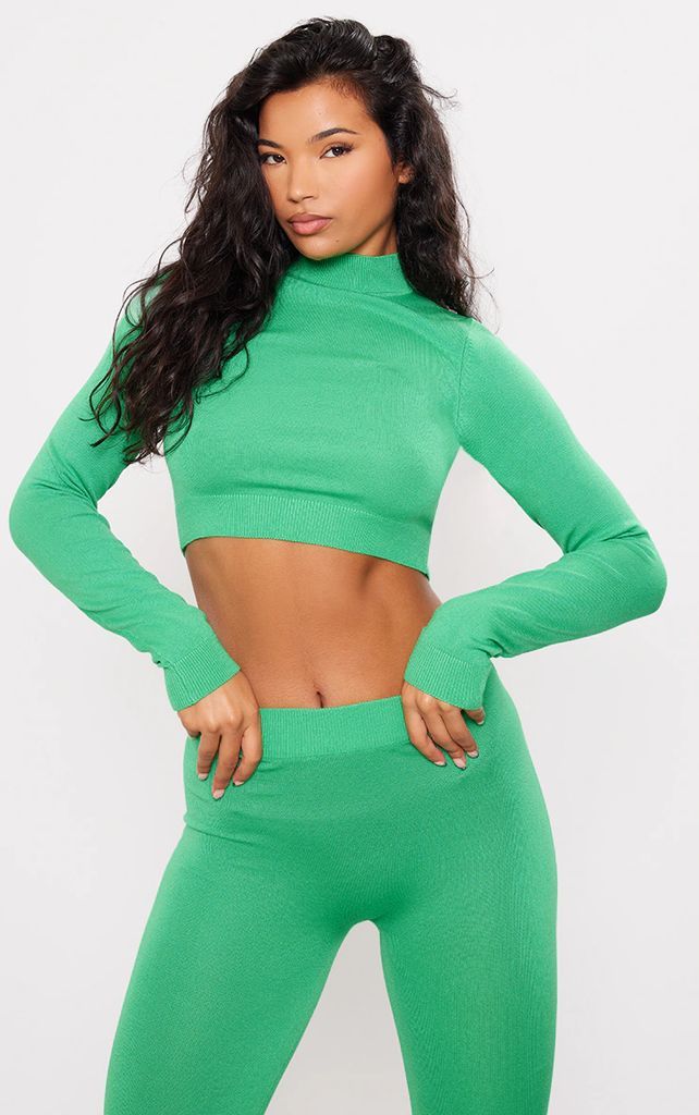 Bright Green Knitted Long Sleeve Turtle Neck Top, Bright Green