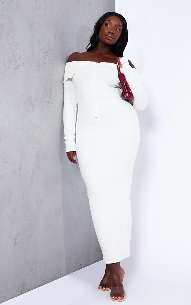 Plus Cream Heavy Rib Fold Over Bardot Midaxi Dress, White
