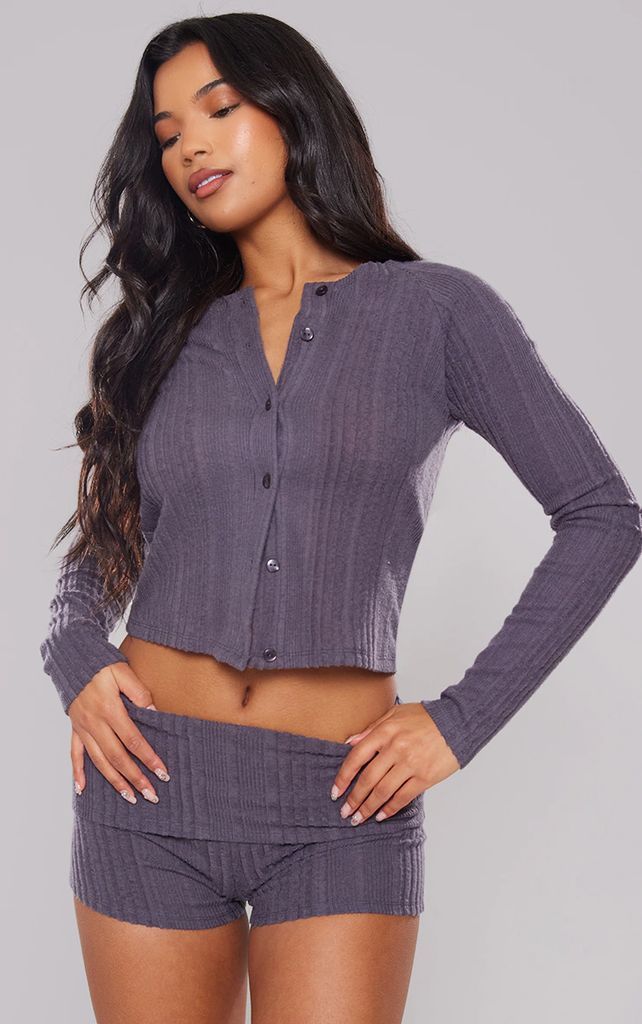 Charcoal Brushed Ribbed Button Through Longline Top, Grey