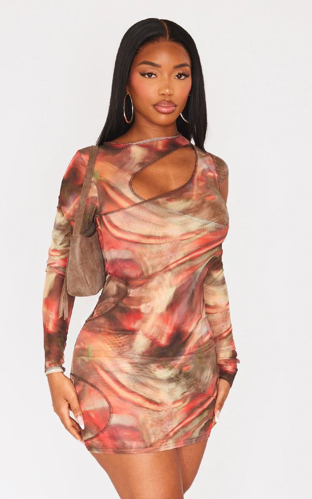 Shape Brown Abstract Printed Mesh Asymmetric Multi Cut Out Long Sleeved Dress, Brown
