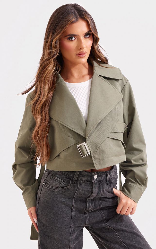 Khaki Cropped Trench Belted Jacket, Green
