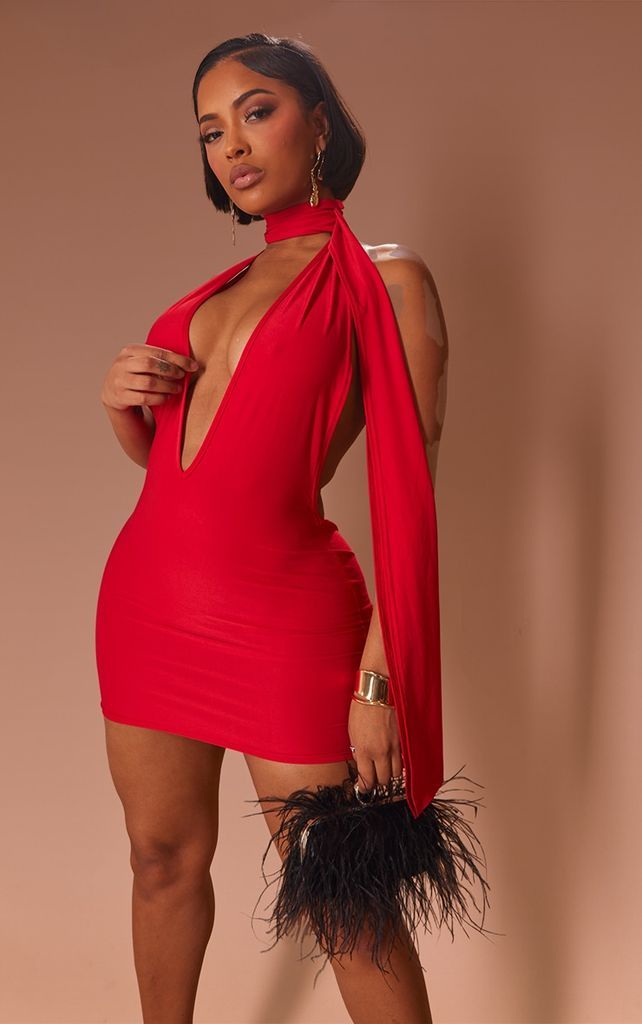 Shape Red Slinky High Neck Plunge Bodycon Dress, Red