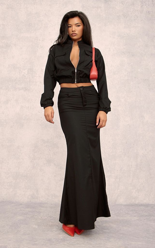 Black Tailored Woven Fitted Split Hem Maxi Skirt, Black