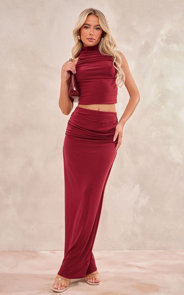 Cherry Red Soft Touch Ruched Back Maxi Skirt, Cherry Red
