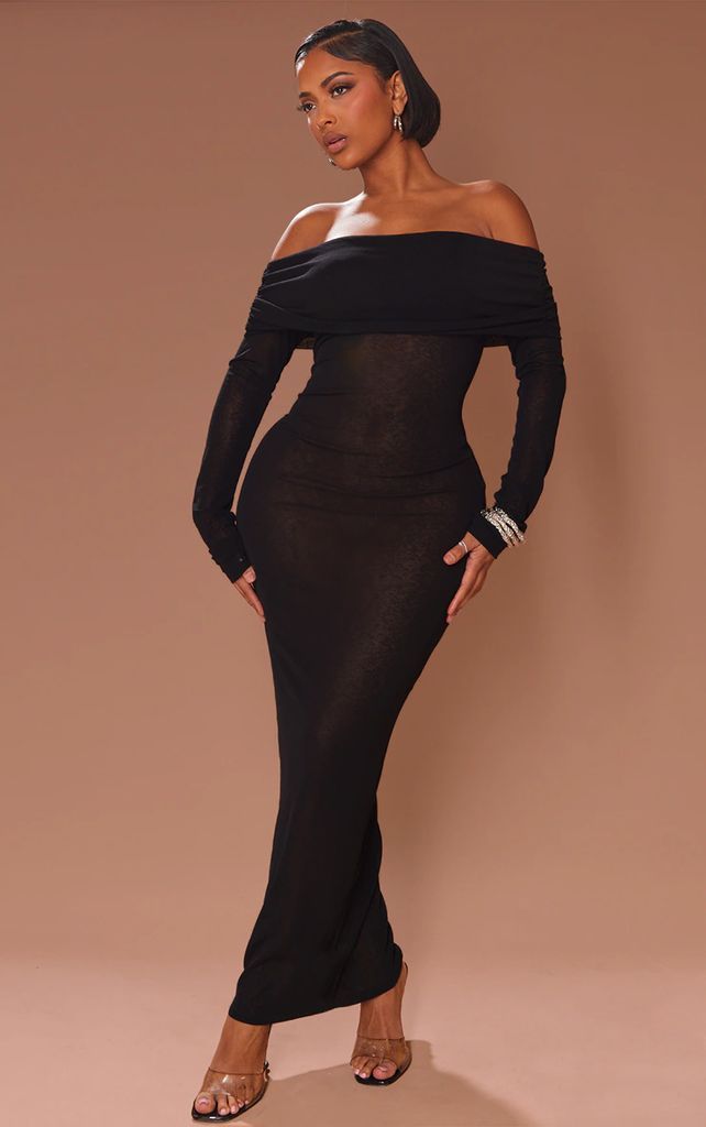 Shape Black Sheer Mesh Bardot Maxi Dress, Black
