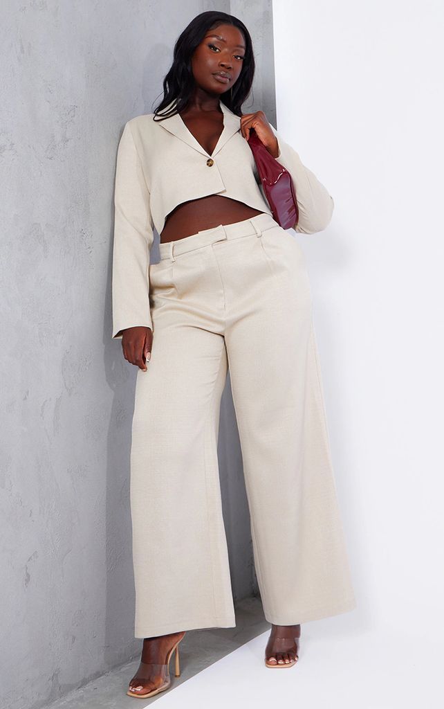 Plus Stone Linen Look Pintuck Tailored Trousers, White