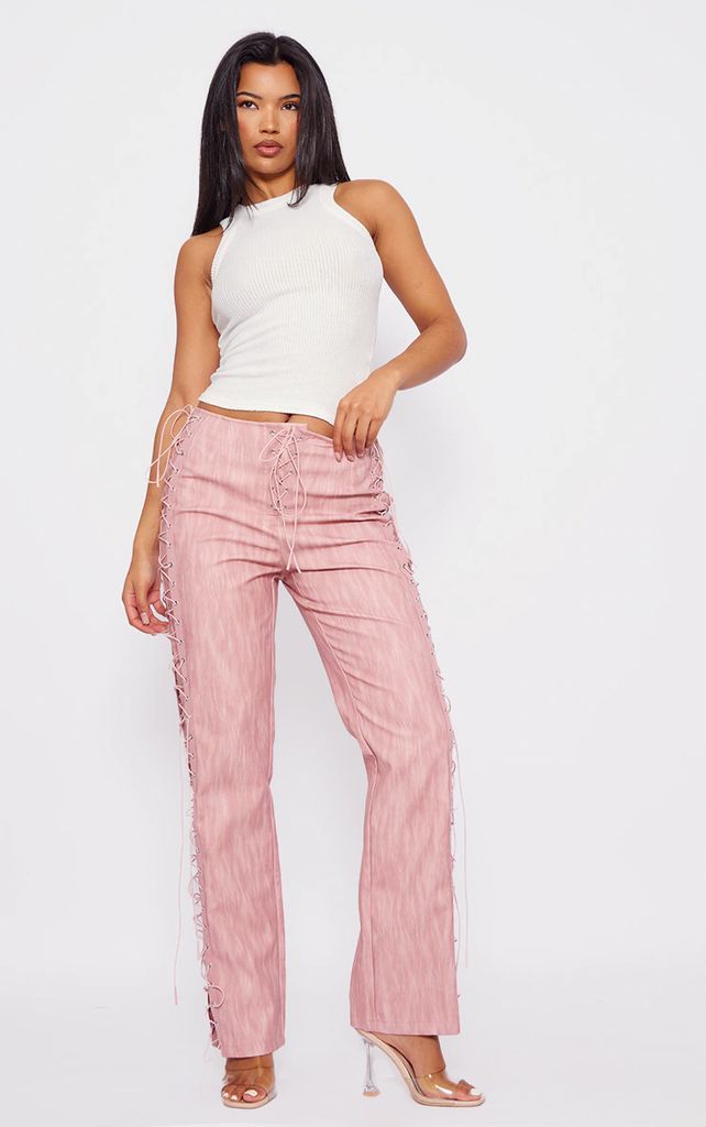 Premium Pink Washed Faux Leather Lace Up Side Low Rise Trousers, Pink