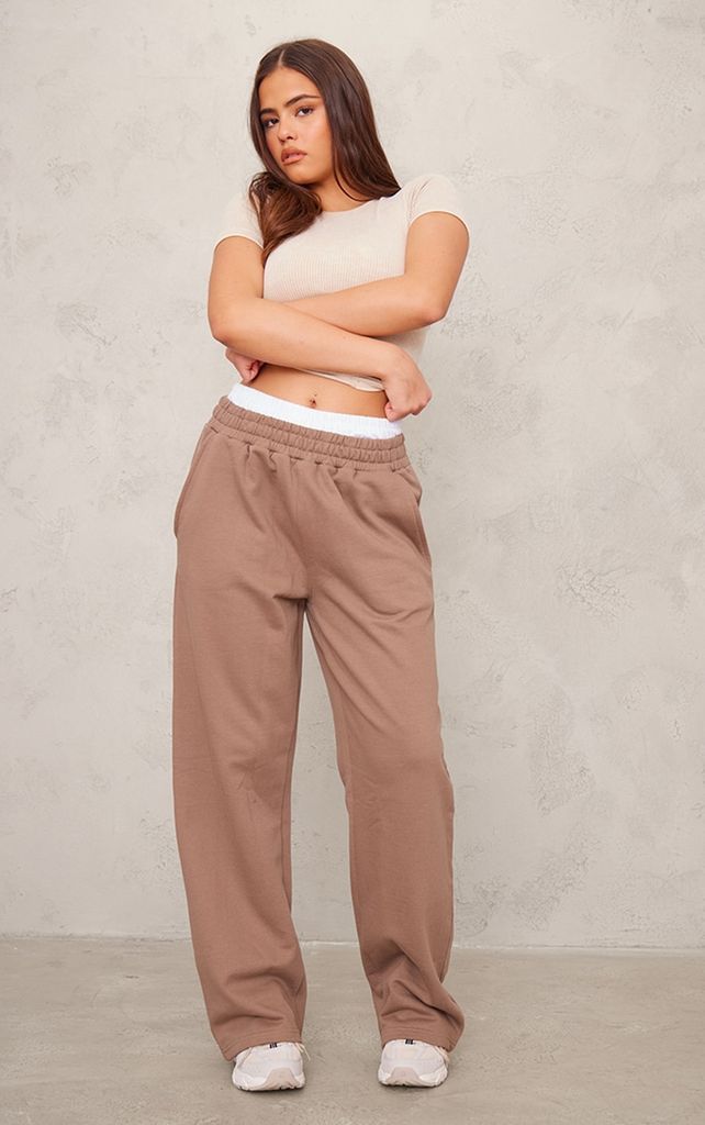 Brown Double Waistband Oversized Wide Leg Joggers, Brown