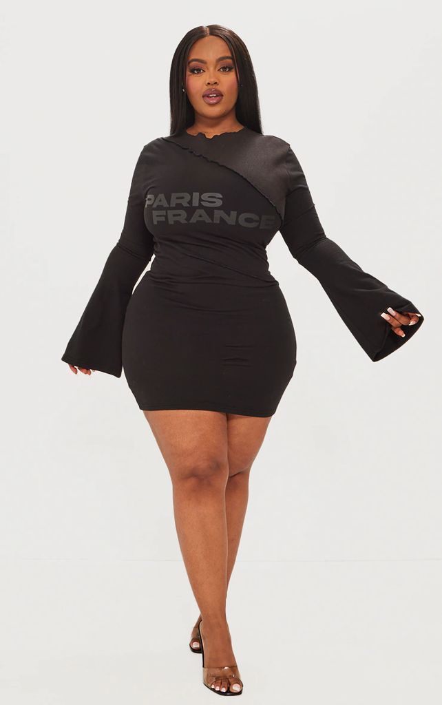 Plus Black Paris Slogan Exposed Seam Flared Sleeve Bodycon Dress, Black