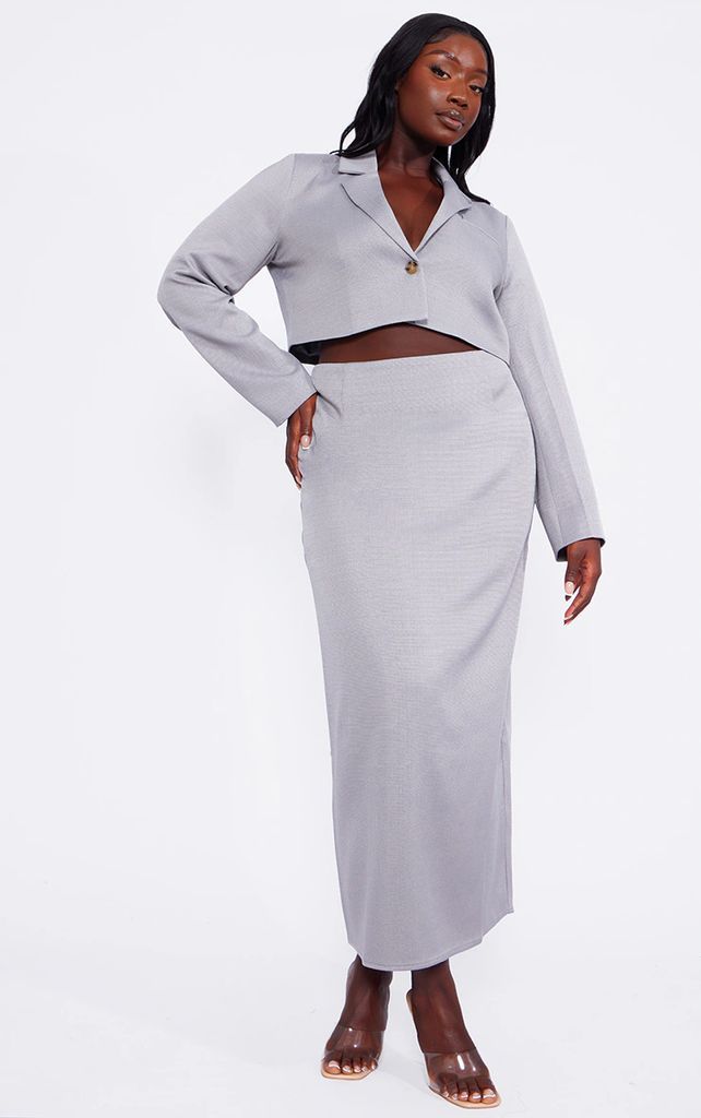 Plus Grey Linen Look Tailored Maxi Skirt, Grey