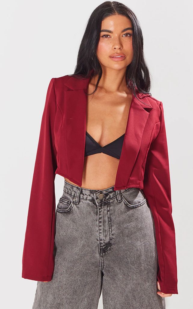 Cherry Red Basic Woven Seam Detail Cropped Blazer, Cherry Red