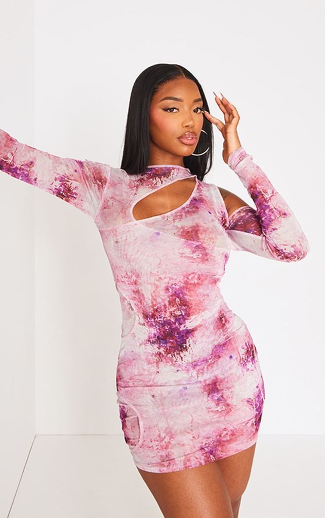 Shape Pink Printed Mesh Asymmetric Multi Cut Out Long Sleeved Dress, Pink
