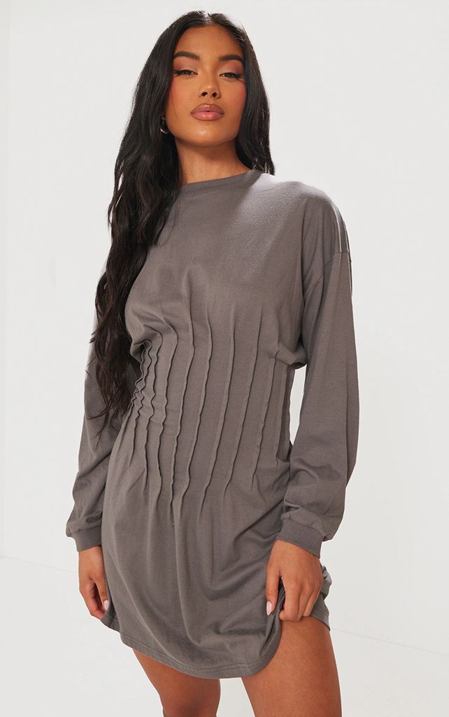 Charcoal Distressed Seam Detail Slouchy Jumper Dress, Grey