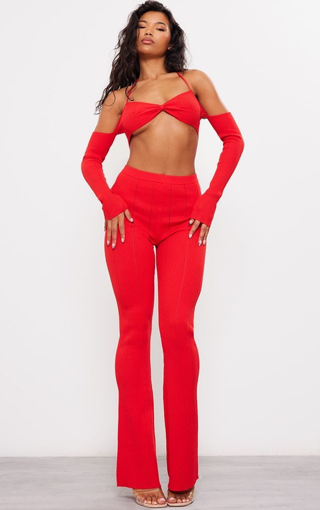 Red Rib Knit Flared Trousers, Red