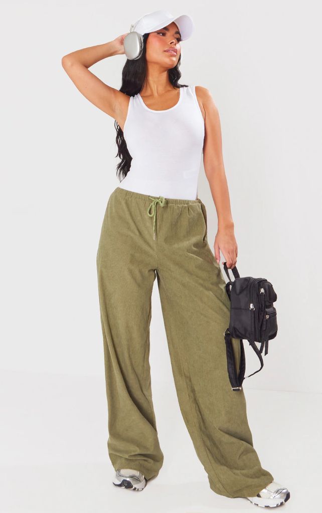 Sage Green Cord Tie Waist Low Rise Trousers, Sage Green