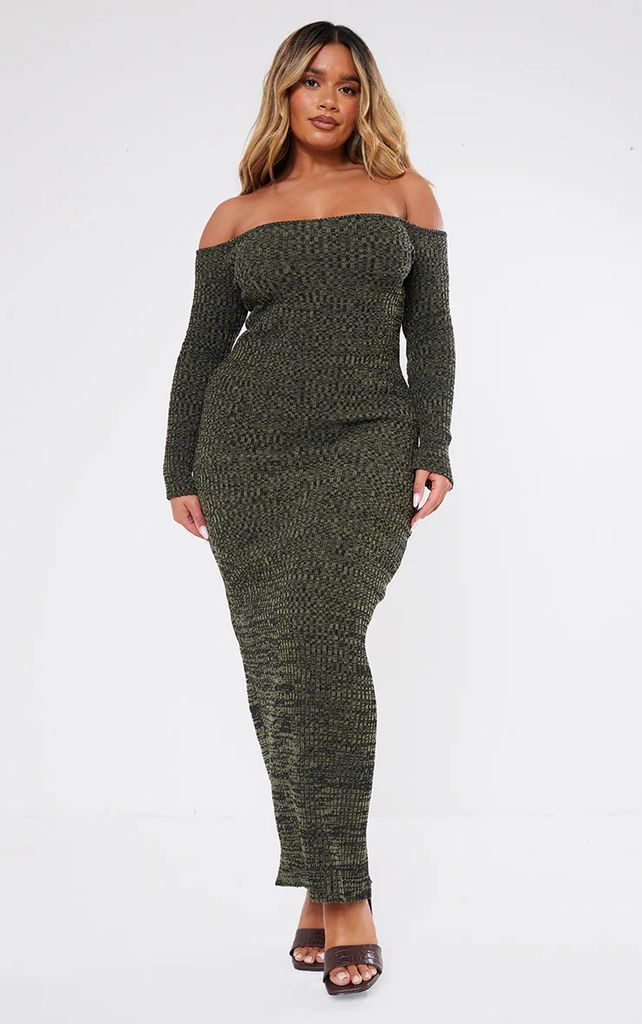 Shape Khaki Space Knit Bardot Maxi Dress, Green