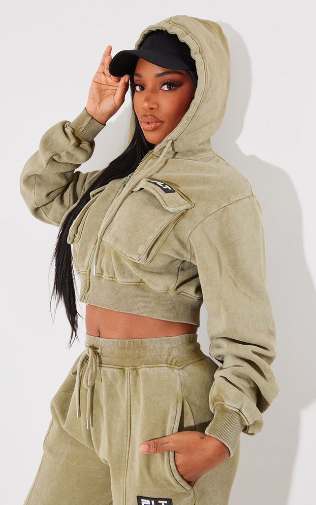 Shape Olive Washed Cargo Cropped Hoodie, Green