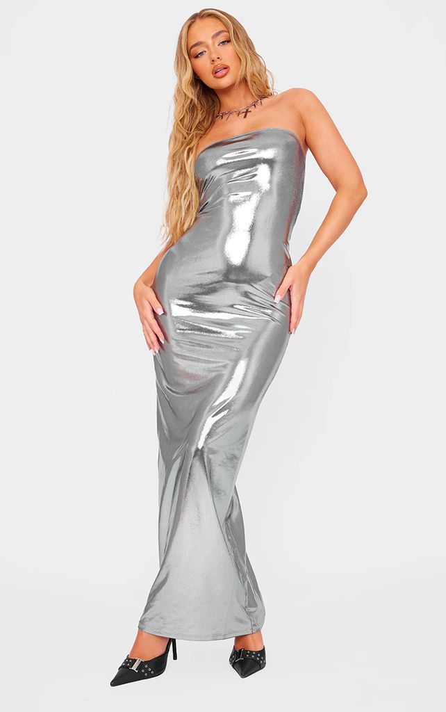 Silver Metallic Slinky Bandeau Bodycon Maxi Dress, Grey