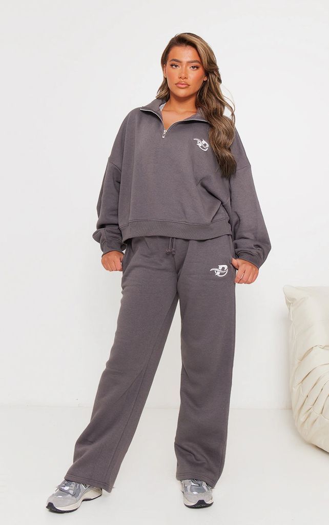 Charcoal Logo Embroidered Wide Leg Joggers, Grey