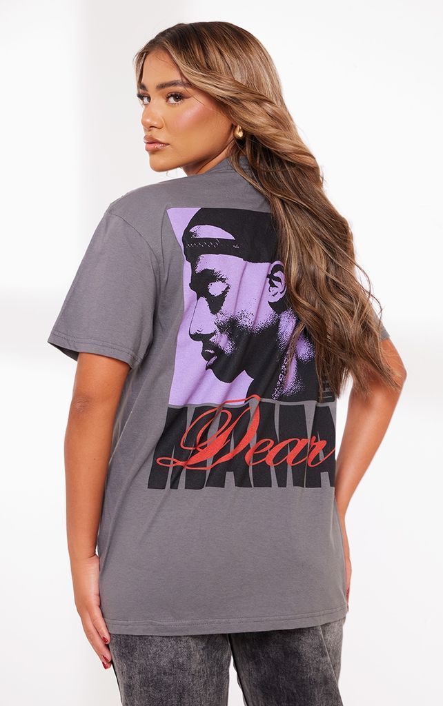 Charcoal Tupac Oversized Printed T Shirt, Grey