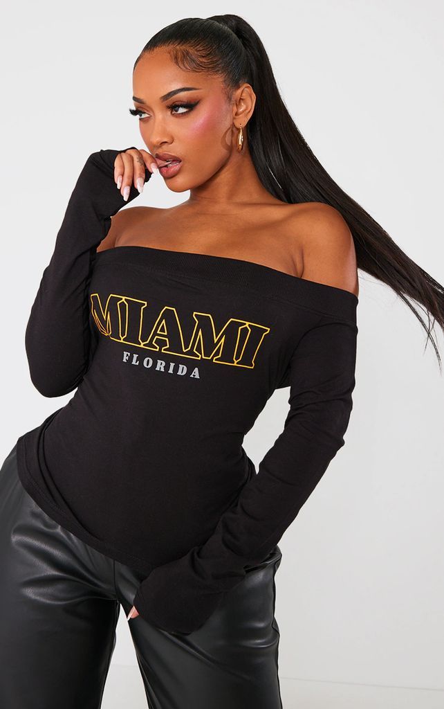 Shape Black Miami Printed Bardot Long Sleeve Top, Black