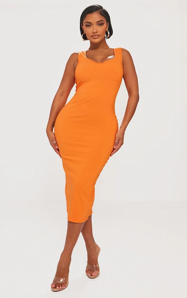 Shape Bright Orange Cup Detail Strappy Midi Dress, Bright Orange
