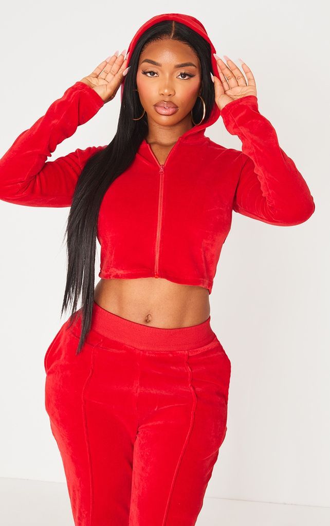 Shape Bright Red Towelling Cropped Hoodie, Bright Red