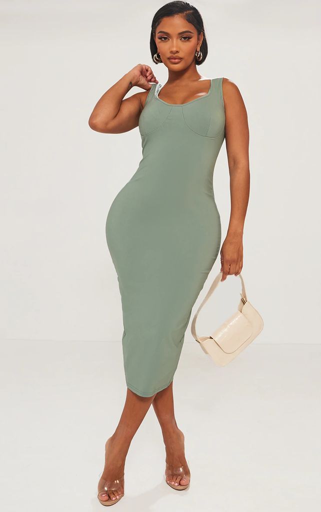 Shape Olive Cup Detail Strappy Midi Dress, Green