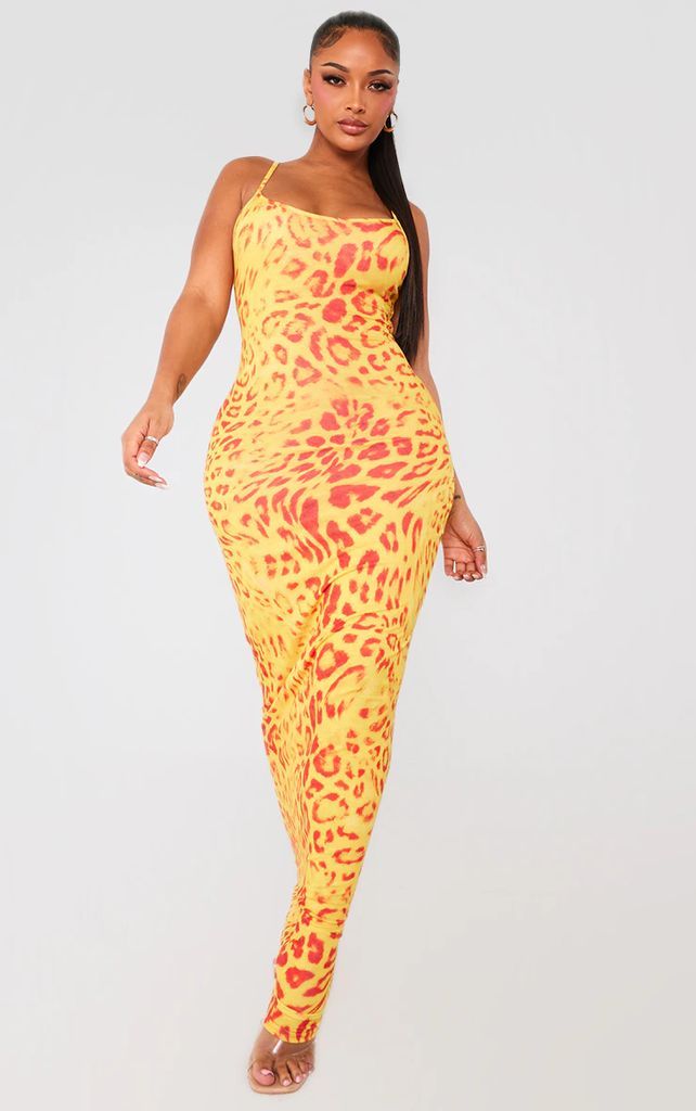 Shape Orange Leopard Print Jersey Strappy Maxi Dress, Orange