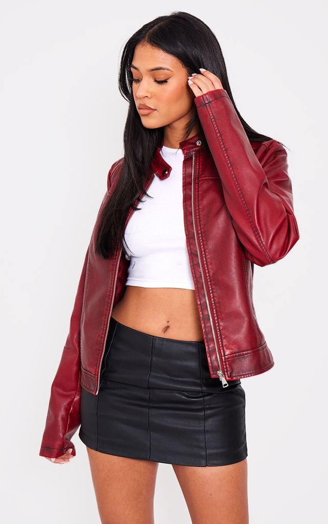 Tall Maroon Washed Faux Leather Oversized Seam Detail Jacket, Maroon