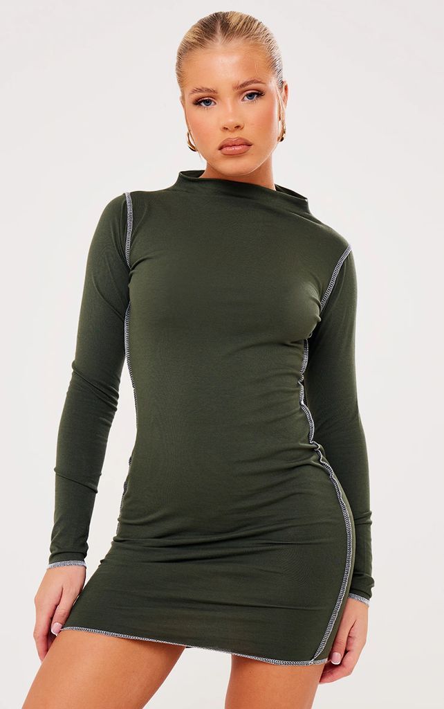 Khaki Cotton Contrast Seam Long Sleeve Bodycon Dress, Green