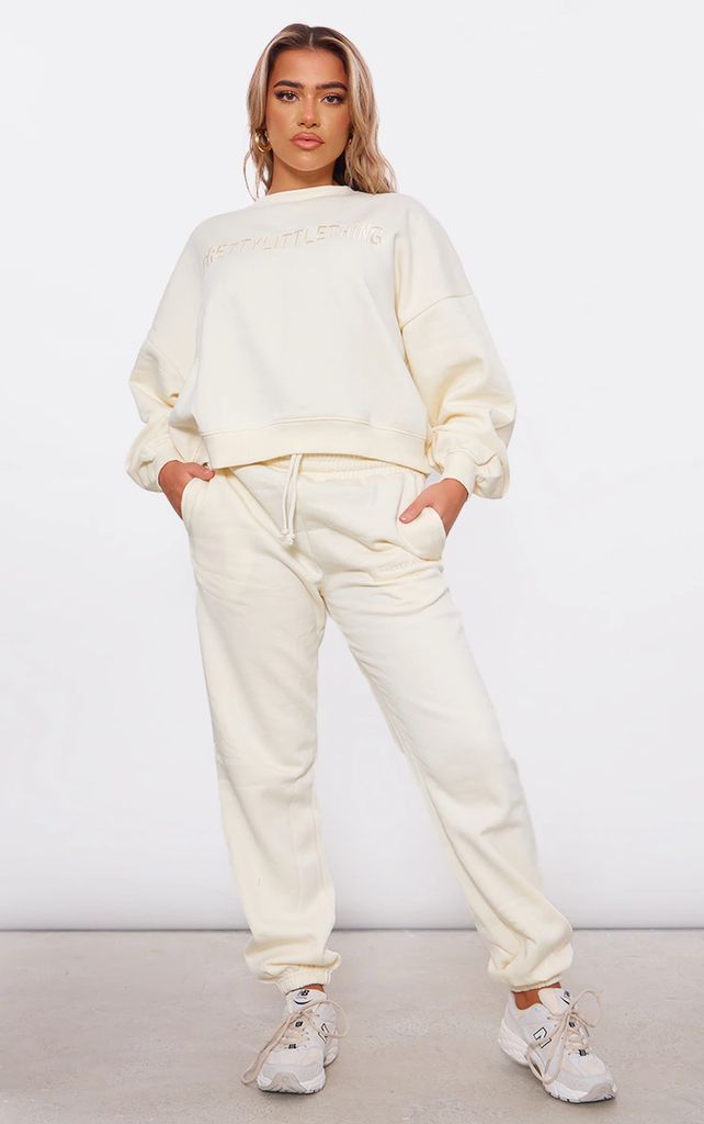 Cream Embroidered Oversized Cuffed Joggers, White