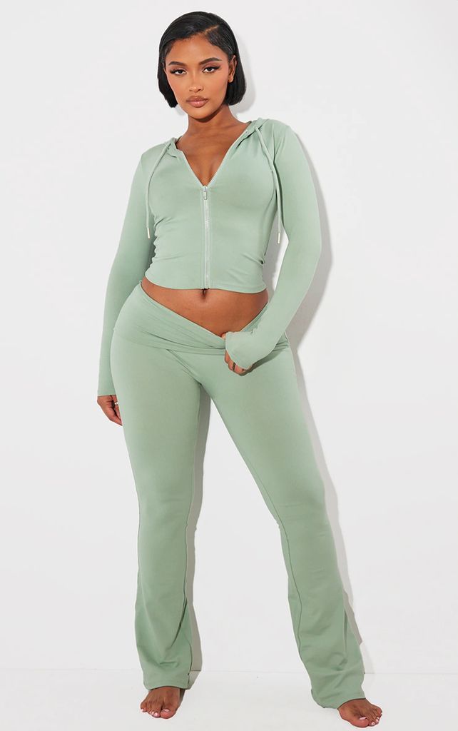 Shape Sage Green Sculpted Foldover Waist Flare Trousers, Sage Green