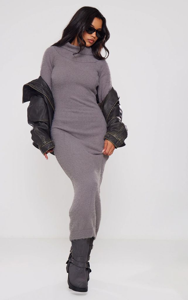 Charcoal Eyelash Knit Split Maxi Dress, Grey