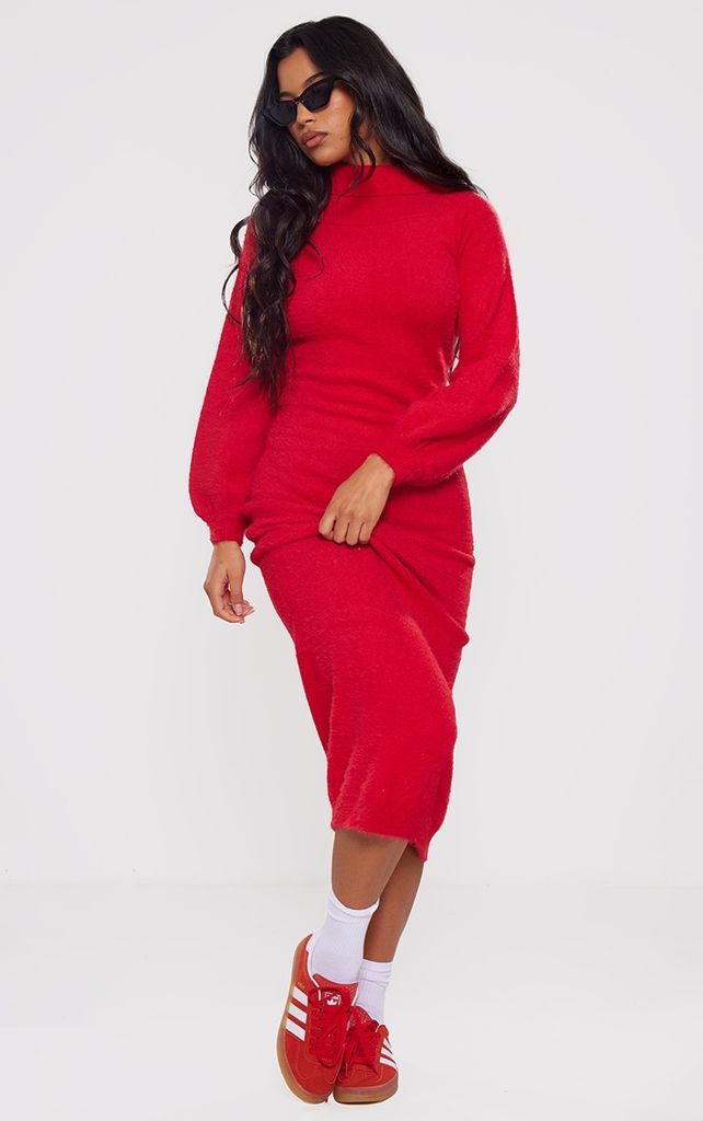 Red Eyelash Knit Maxi Dress, Red