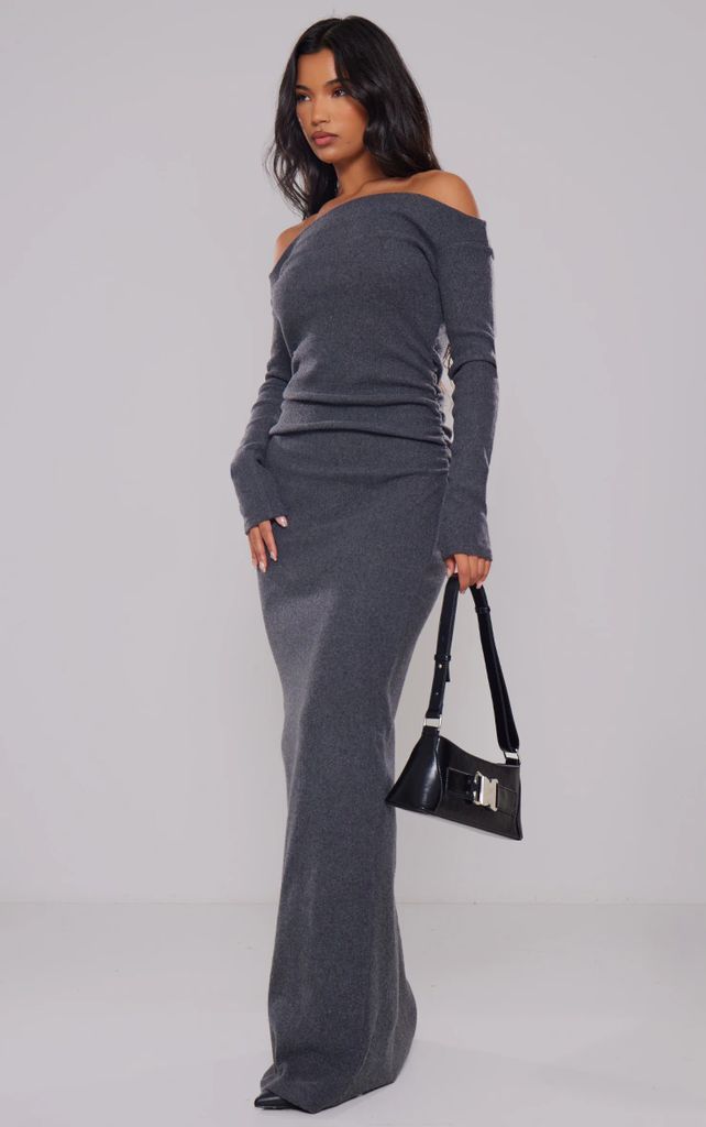 Charcoal Heavy Brushed Rib Ruched Bardot Maxi Dress, Grey