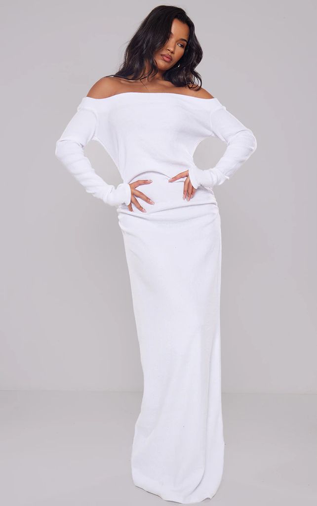 Cream Heavy Brushed Rib Ruched Bardot Maxi Dress, White