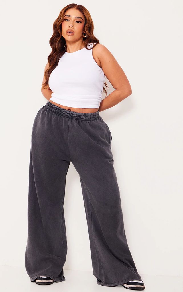 Plus Charcoal Oversized Wide Leg Washed Joggers, Grey