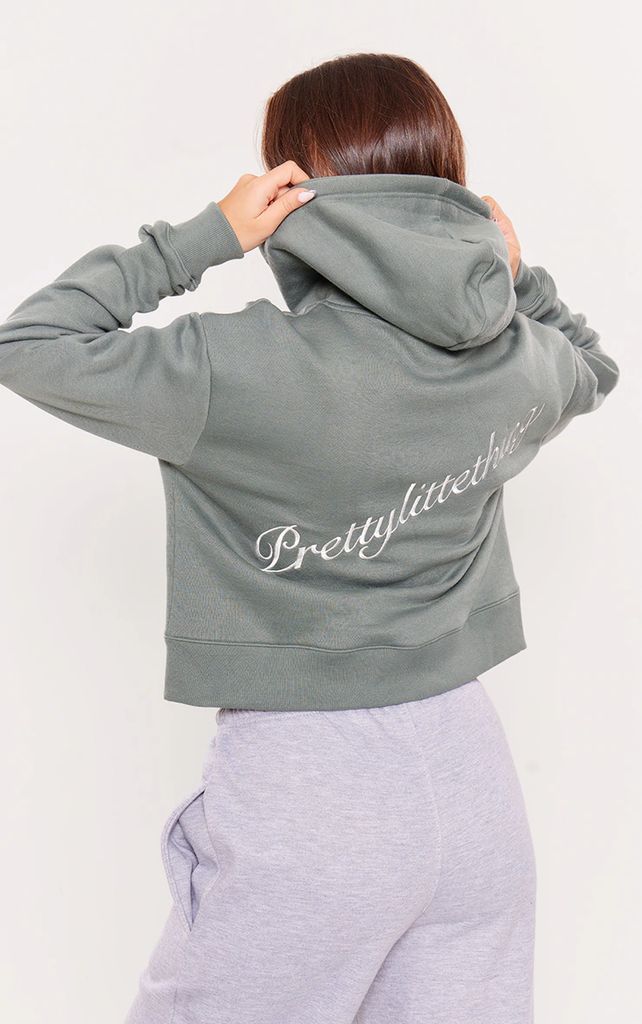 Sage Embroidered Back Zip Up Cropped Hoodie, Forest Green