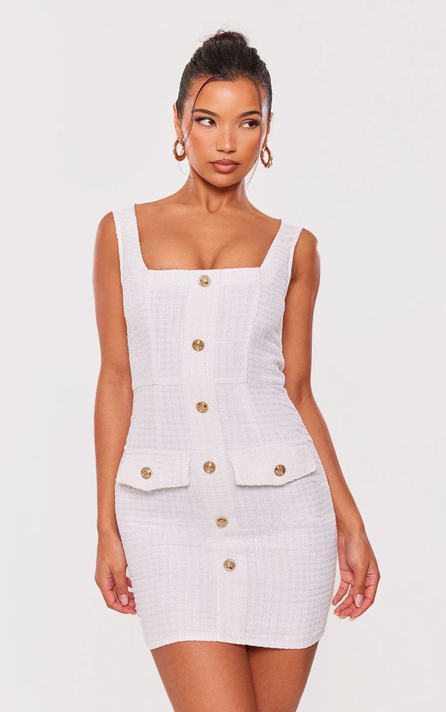 White Boucle Square Neck Button Detail Mini Dress, White