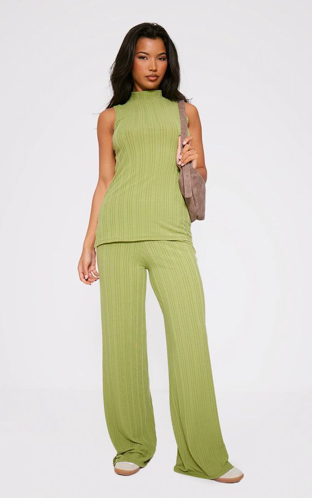 Olive Ribbed Low Rise Wide Leg Trousers, Green