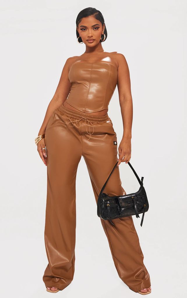 Shape Brown Faux Leather Straight Leg Trousers, Brown
