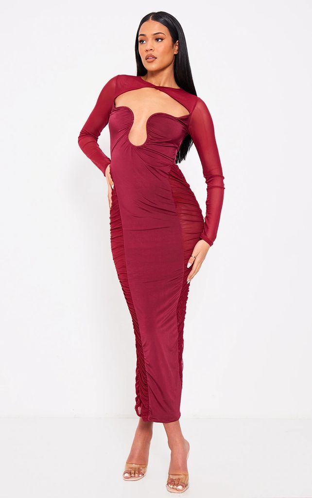 Tall Cherry Red Cut Out Detail Mesh Ruched Midaxi Dress, Cherry Red