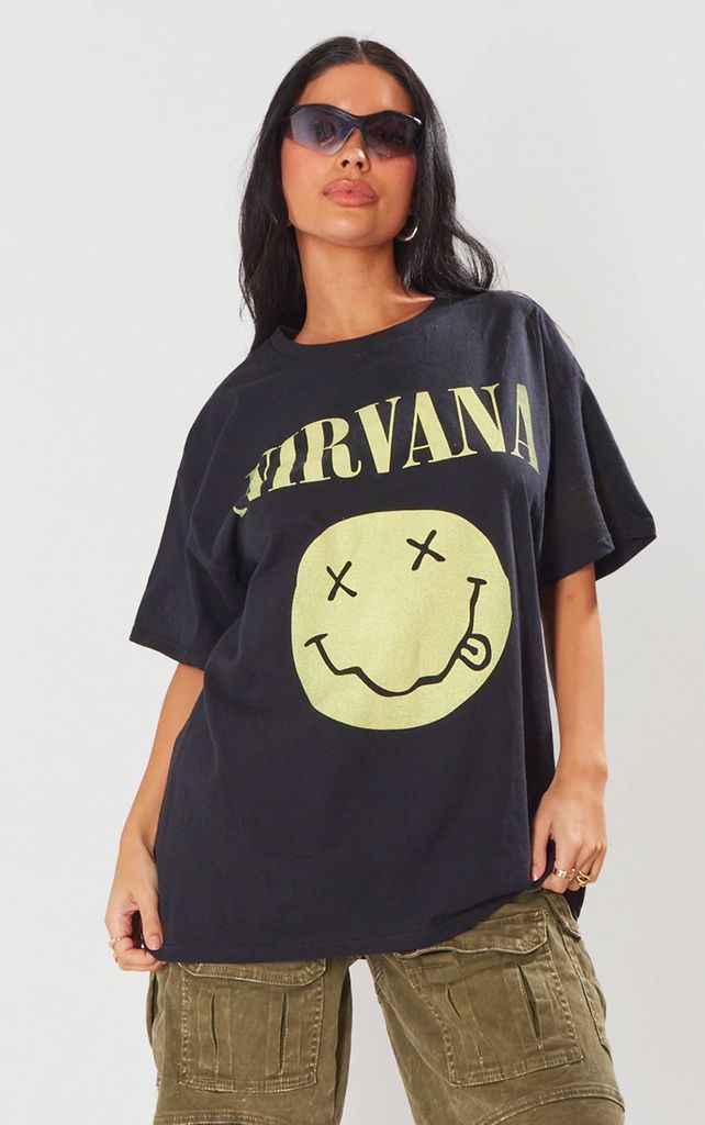 Black Nirvana Washed Printed Oversized T Shirt, Black