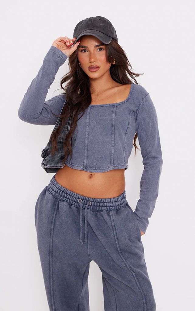 Charcoal Washed Seam Detail Long Sleeve Crop Top, Grey
