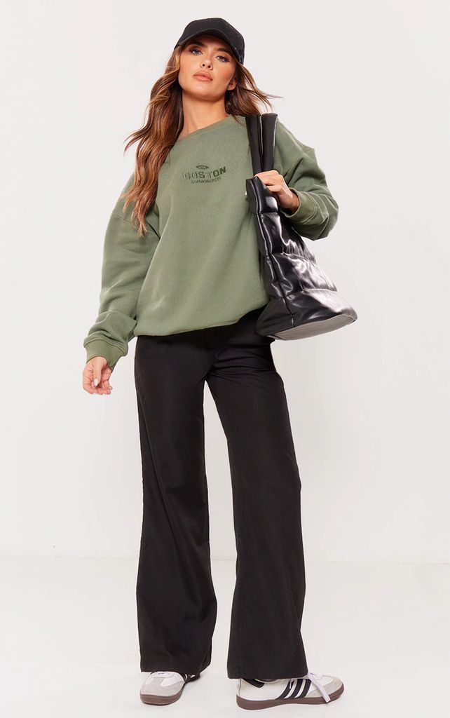 Khaki Boston Embroidered Washed Sweatshirt, Green