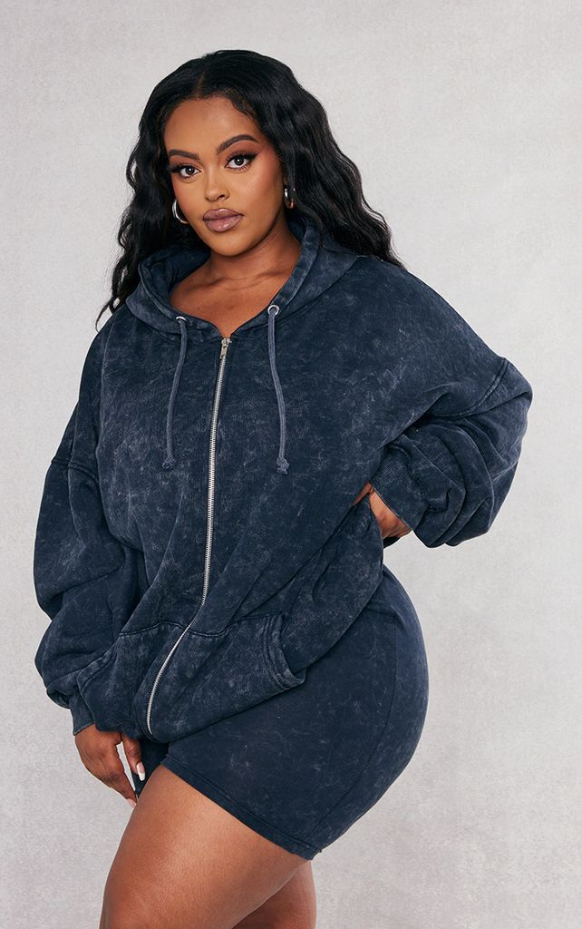 Plus Charcoal Washed Oversized Zip Up Hoodie, Grey