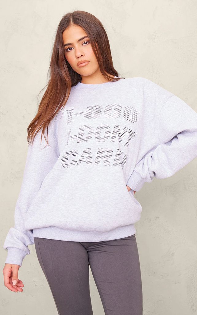 Grey Marl Don't Care Print Sweatshirt, Grey Marl